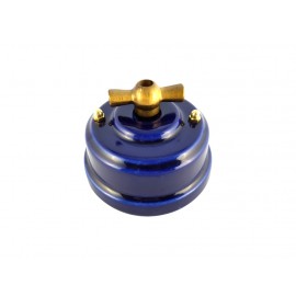 Выключатель (переключатель) фарфоровый поворотный одноклавишный проходной, цвет azzurra (лазурный), ручка бронза 