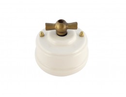 Выключатель (переключатель) фарфоровый поворотный одноклавишный проходной, цвет bianco (белый), ручка бронза 