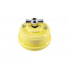 Выключатель (переключатель) фарфоровый поворотный одноклавишный проходной, цвет giallo (желтый), ручка серебро