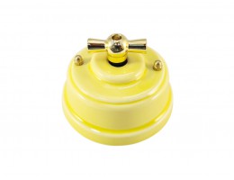 Выключатель (переключатель) фарфоровый поворотный одноклавишный проходной, цвет giallo (желтый), ручка золото 