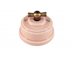 Выключатель (переключатель) фарфоровый поворотный одноклавишный проходной, цвет rosa (розовый), ручка бронза 