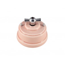 Выключатель (переключатель) фарфоровый поворотный одноклавишный проходной, цвет rosa (розовый), ручка серебро