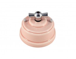 Выключатель (переключатель) фарфоровый поворотный одноклавишный проходной, цвет rosa (розовый), ручка серебро 
