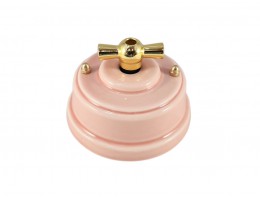Выключатель (переключатель) фарфоровый поворотный одноклавишный проходной, цвет rosa (розовый), ручка золото 