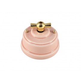 Выключатель (переключатель) фарфоровый поворотный одноклавишный проходной, цвет rosa (розовый), ручка золото 