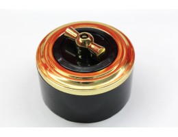 Пластиковый поворотный выключатель двухклавишный (черный механизм, золотая рамка, черный стакан, рычаг золото) 